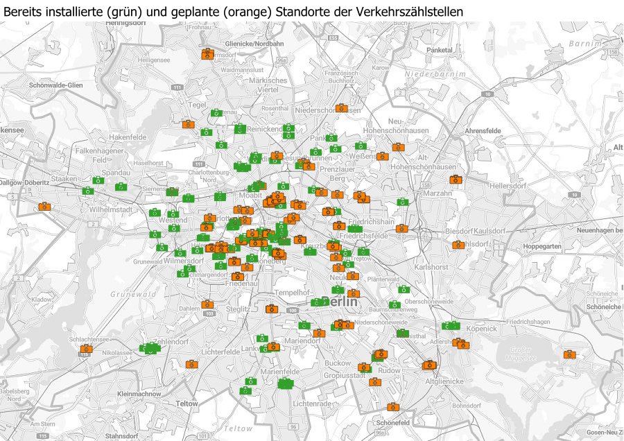 Stationäre Detektion: Übersichtskarte zu den Standorten in Berlin