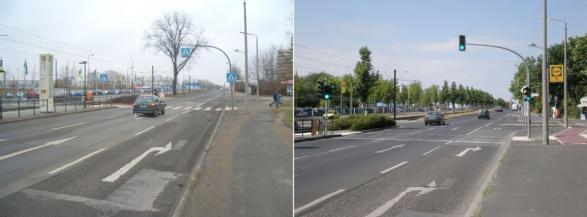 Maßnahme der Unfallkommission Berlin: Landsberger Allee / Brodowiner Ring Ersatz eines Fußgängerüberweges durch eine Fußgänger-Lichtsignalanlage, links: Stand vorher, rechts: Stand nachher