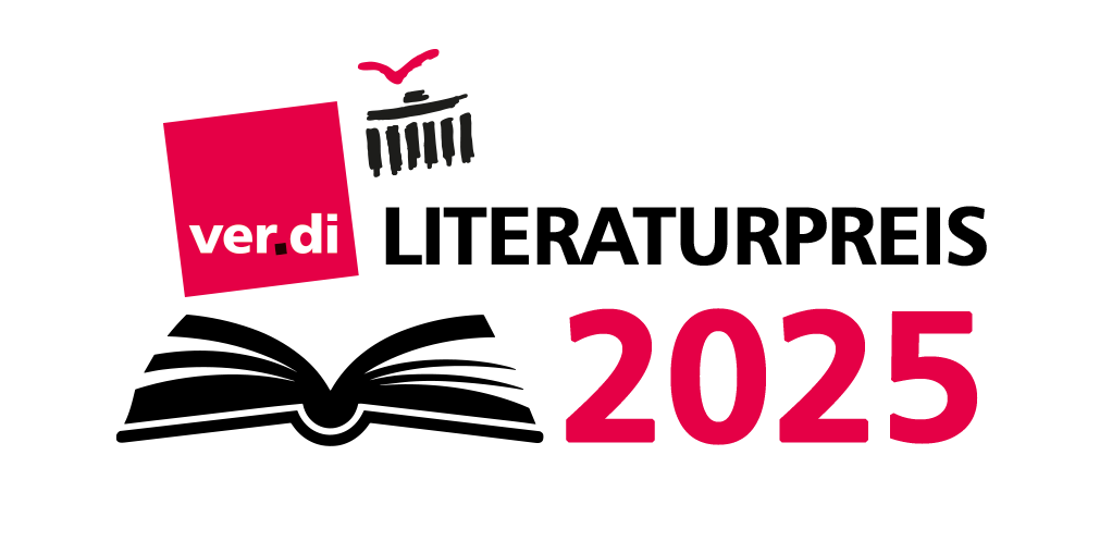 Logo des ver.di Literaturpreises 2025 mit ver.di-Logo, Schriftzug, Illustration von einem stilisiertem Buch und Brandenburger Tor