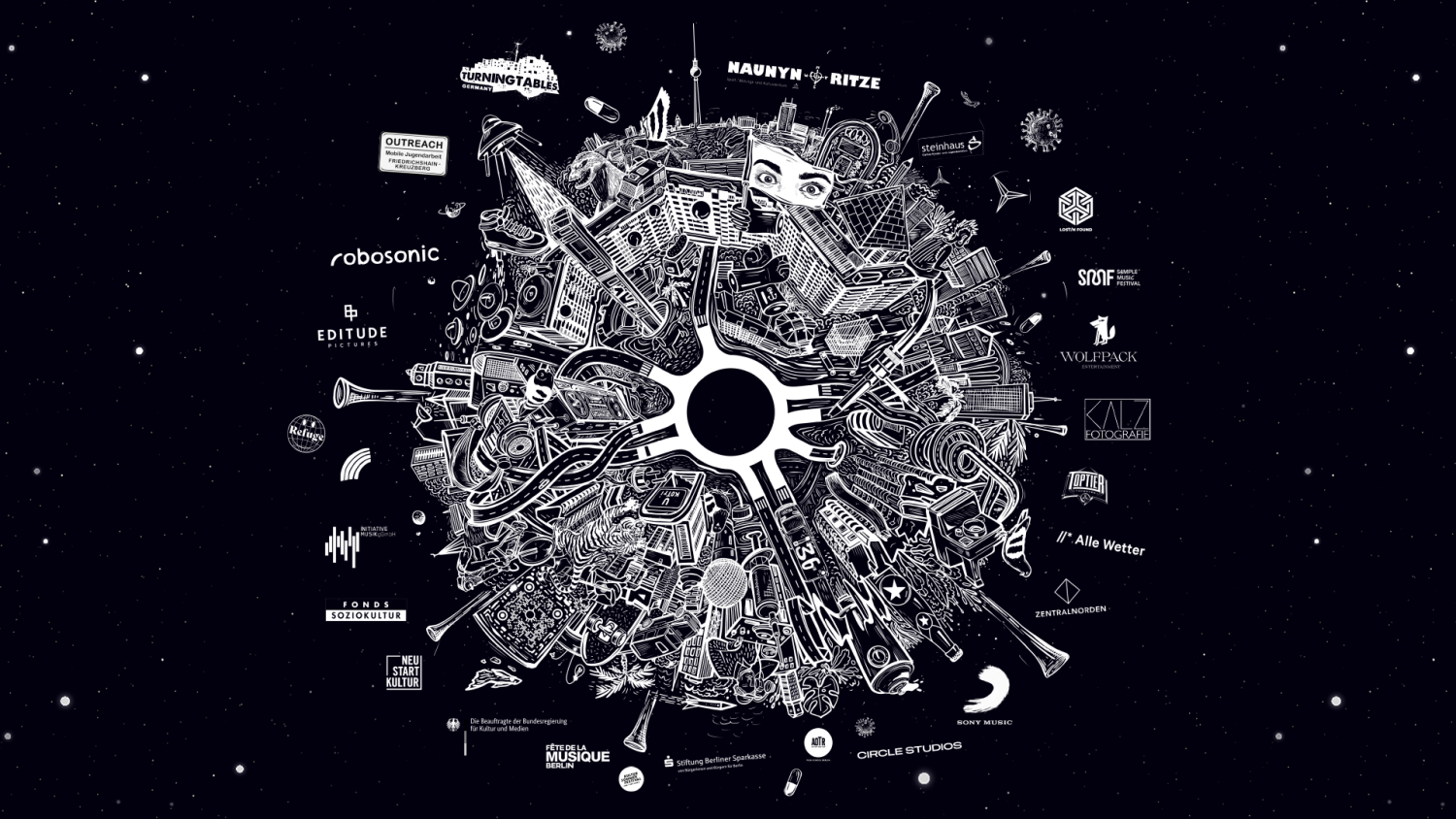 Illustration einer Stadt, die sich zur Weltkugel formt und von zahlreichen Logos umrundet wird