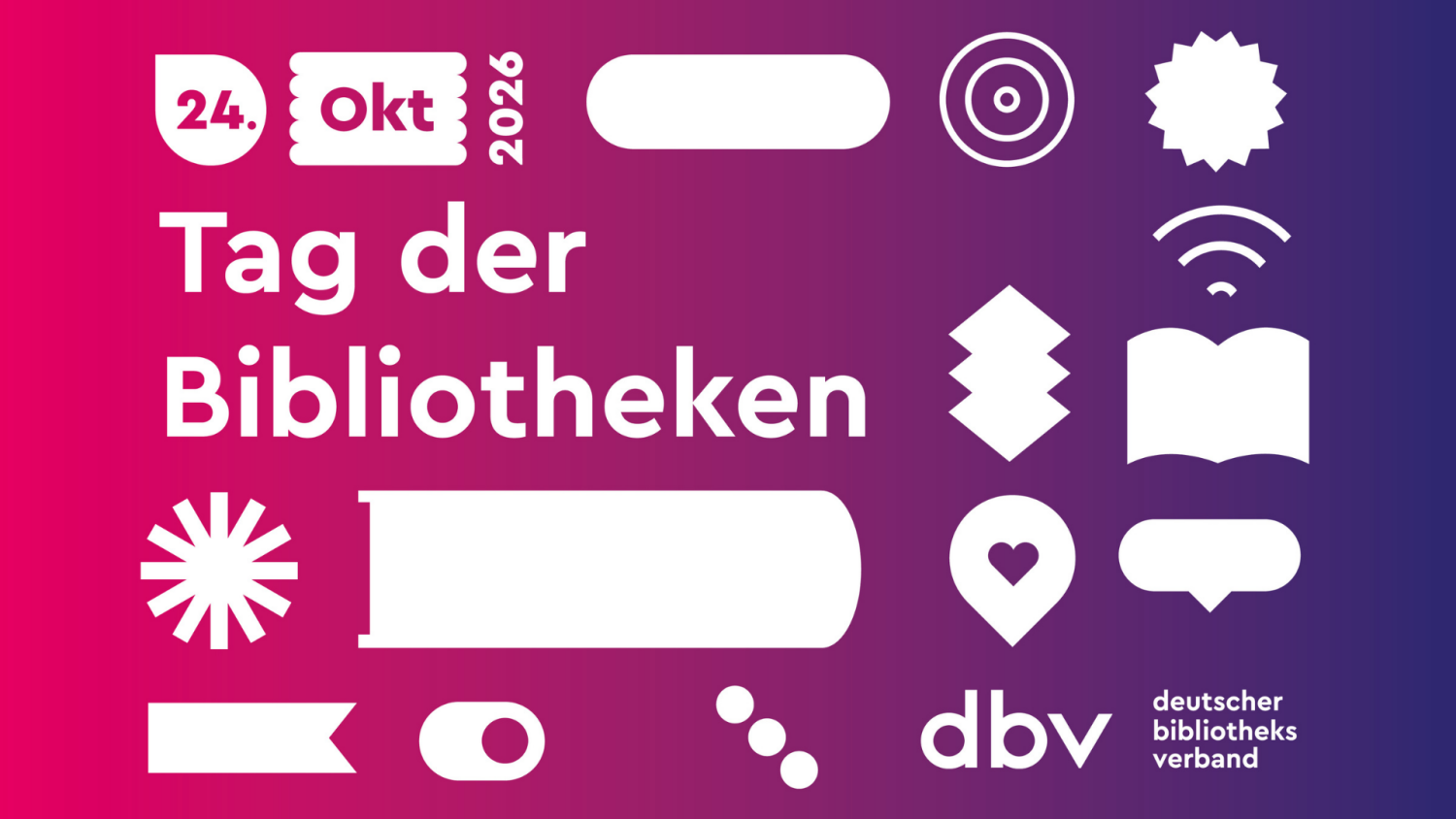Grafik zum Tag der Bibliotheken mit Grafiken, die an Bücher, Social Media und Digitale Designs erinnern