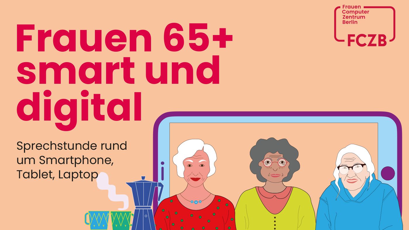 Illustration von drei Frauen über 65 vor einem Smartphone mit Kaffeekanne