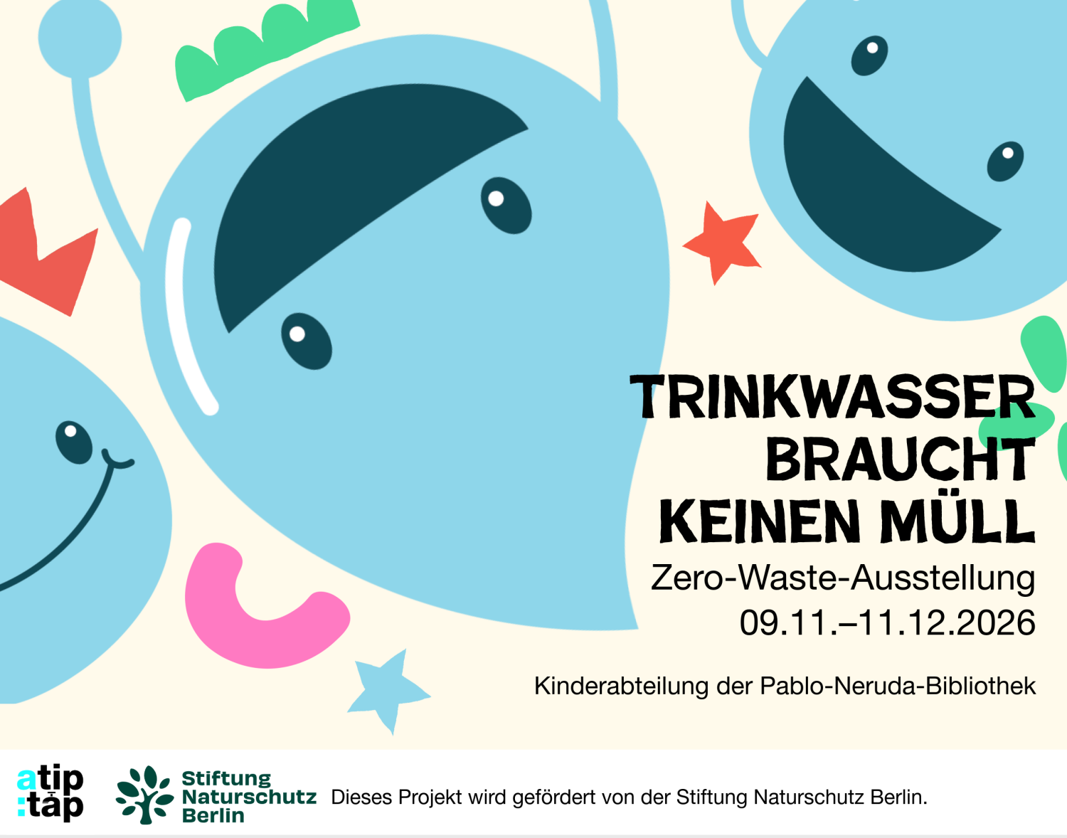 Grafik mit Veranstaltungstitel und großen lachenden Wassertropfen