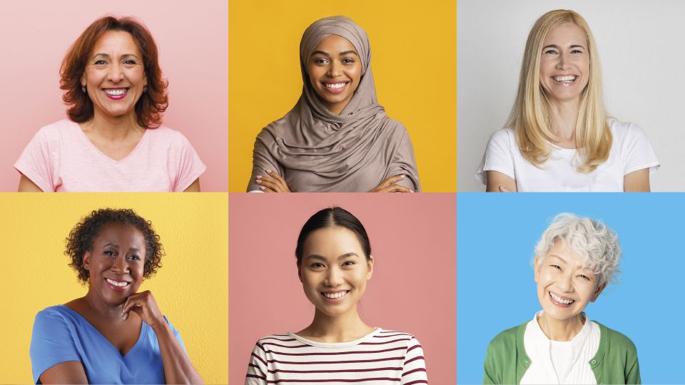 Collage aus Portraitfotografien von sechs Frauen