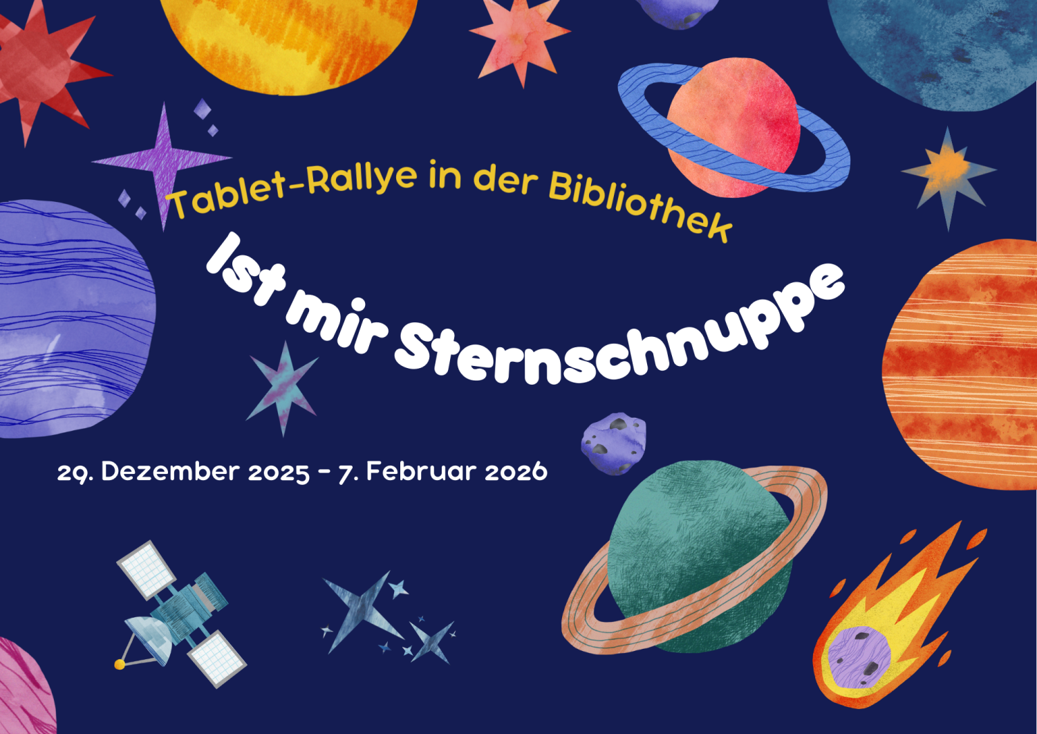 Illustration vom Weltall mit Planeten und Schriftzug