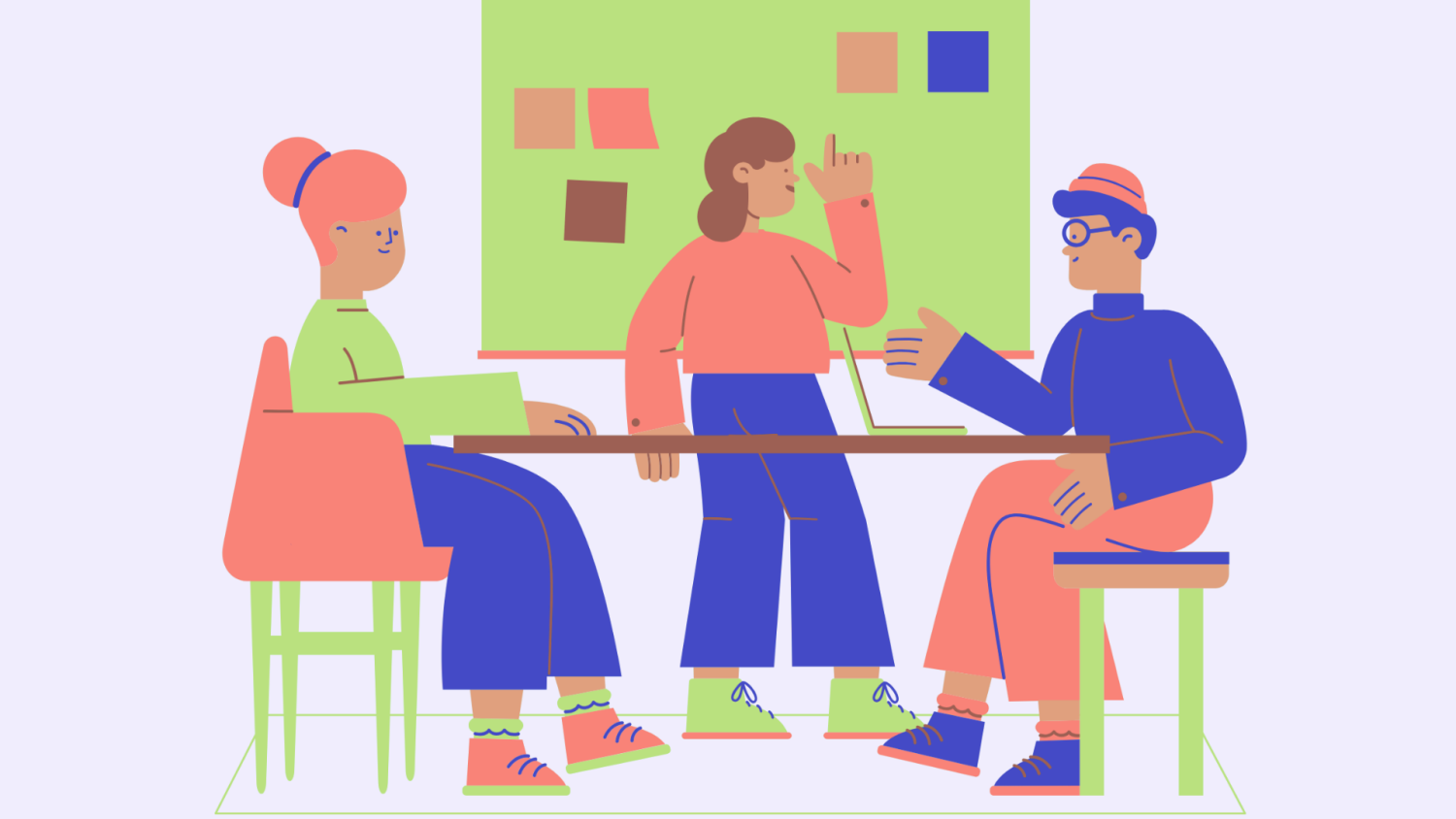 Illustration von 3 Personen, die am Tisch vor einer Tafel diskutieren.