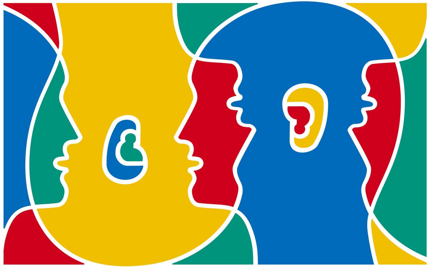 Logo Europäischer Tag der Sprachen mit Grafik aus Kopfumrissen mit sprechenden Mündern und hervorgehobenen Ohren