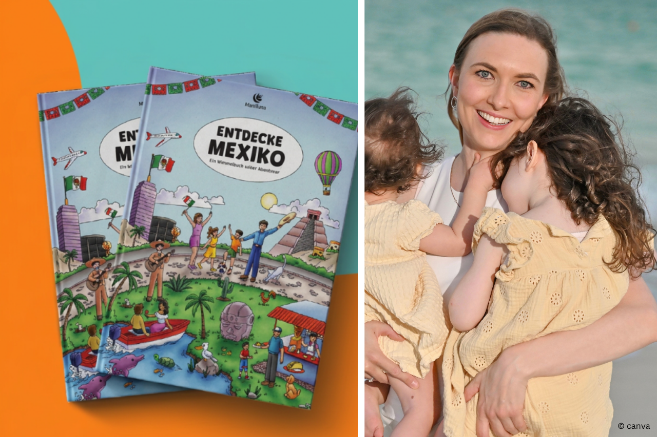 Buchcover "Entdecke Mexiko" und Foto von Frau mit zwei Kindern