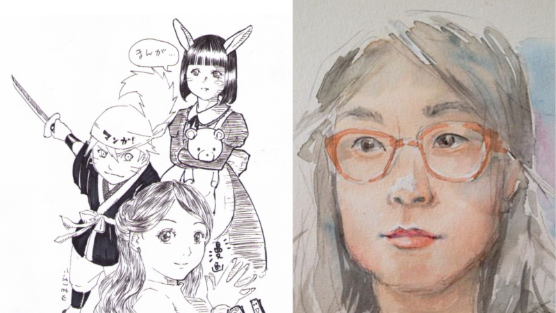 Manga-Figuren und Selbstportrait Ai Yokoyama im Manga-Stil