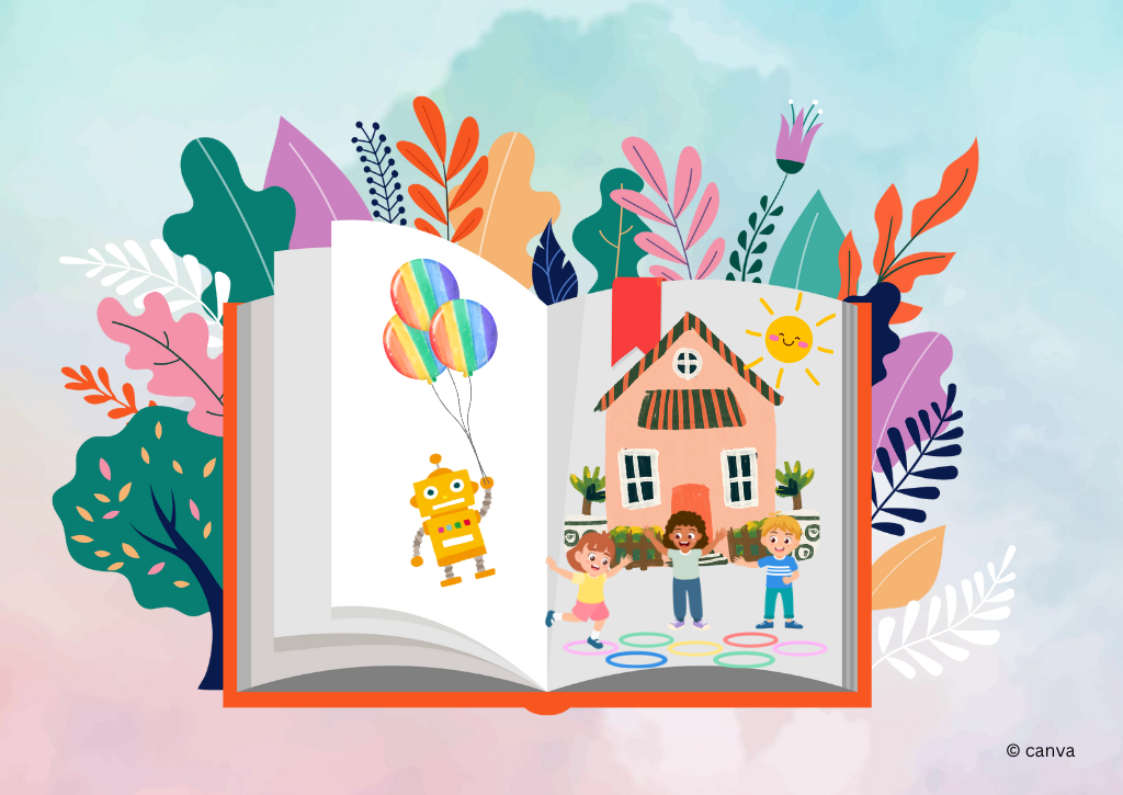 Grafik: aufgeschlagenes Buch mit Blättern und Bäumen im Hintergund, auf den Buchseiten ein Roboter und ein Haus mit spielenden Kindern davor