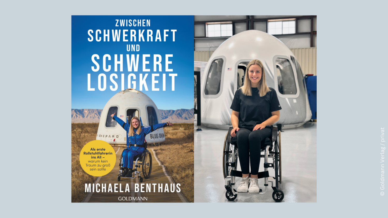 Buchcover mit Autorinnenfoto in Rollstuhl vor Raumkapsel