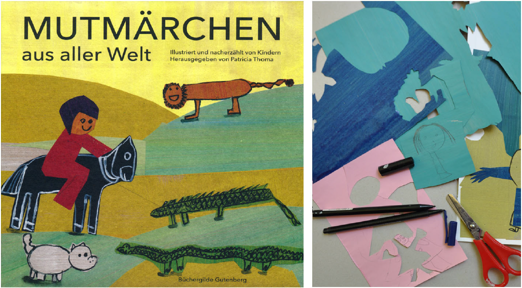 Buntpapier, Stifte und Schere sowie Bilderbuchcover mit Reiter vor wilden Tieren