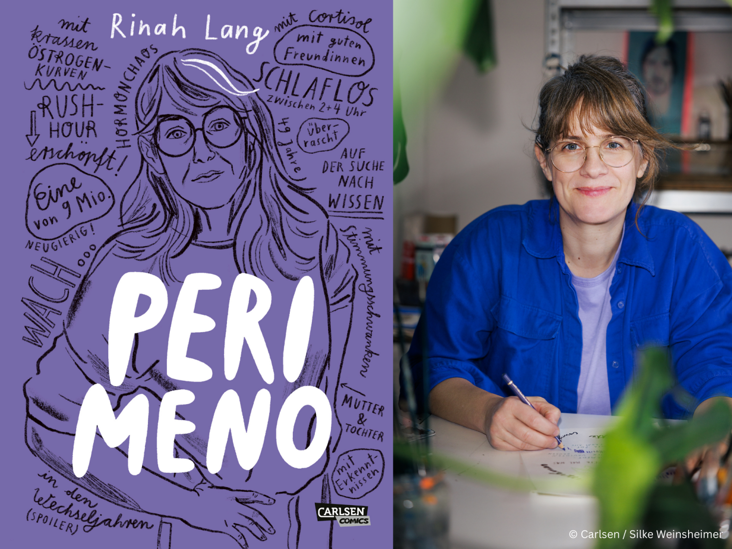 Coverabbildung mit Titel auf lila Grund mit Illustration einer Figur und Fotografie der Autorin