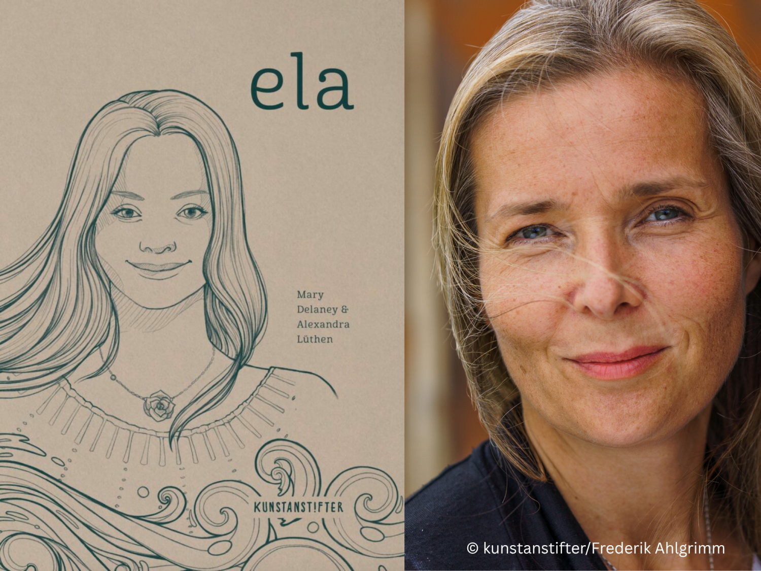 Coverabbildung mit Illustration einer Figur mit langen Haaren und Portraitfoto der Autorin, die in die Kamera blickt