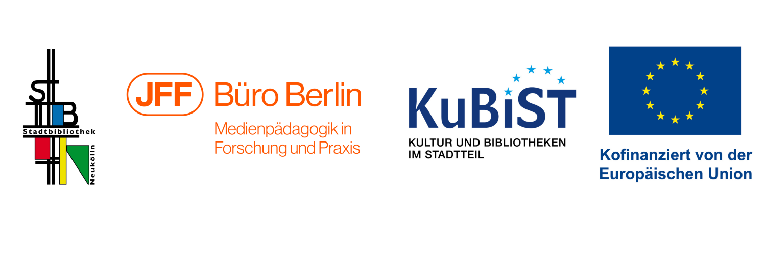 Logoleiste KUBIST GJB Projektbeteiligte Personen (EU-Kofinanziert, JFF Büro Berlin, Stadtbibliothek Neukölln)