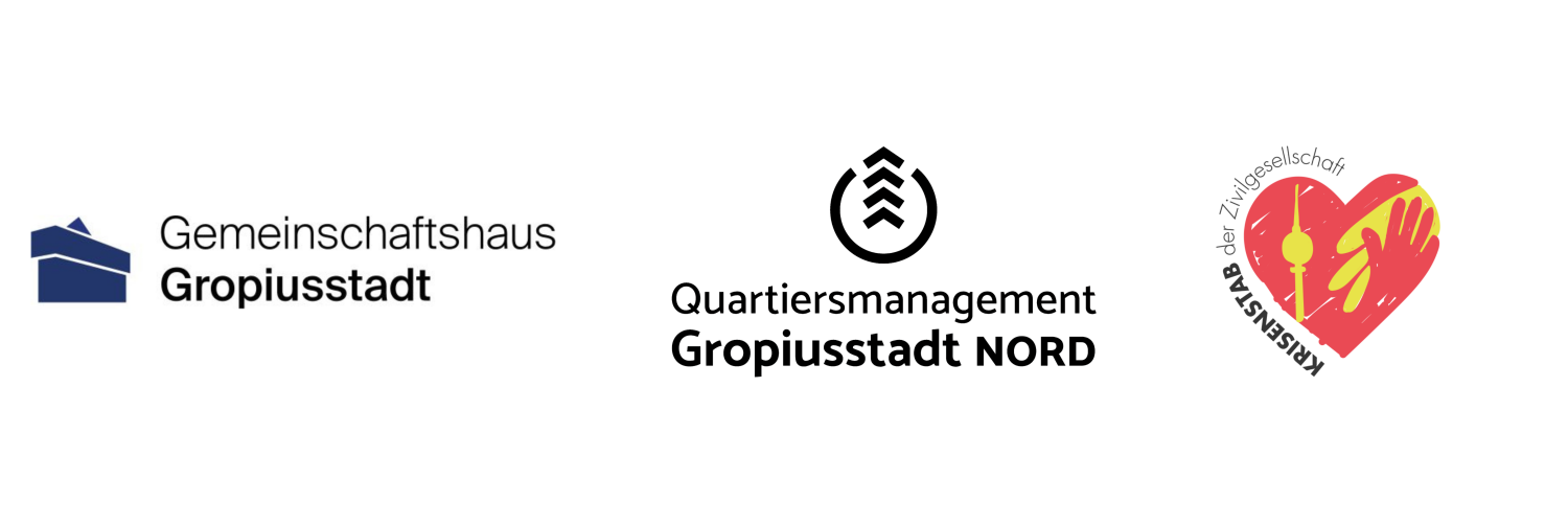 Logoleiste KUBIST - Projektpartner im Sozialraum (Gemeinschaftshaus Gropiusstadt, Quartiersmanagement Gropiusstadt Nord, Kriesenstab der Zivielgesellschaft)