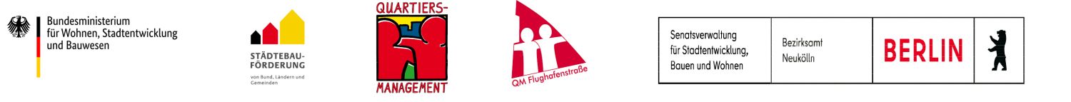 Logoleiste Quartiersfonds (Bundesministerium für Wohnen, Stadtentwicklung und Bauwesen ; Städtebauförderung ; Quartiersmanagement ; QM Flughafenstraße ; Bezirksamt Neukölln - Senatsverwaltung für Stadtentwicklung, Bauen und Wohnen