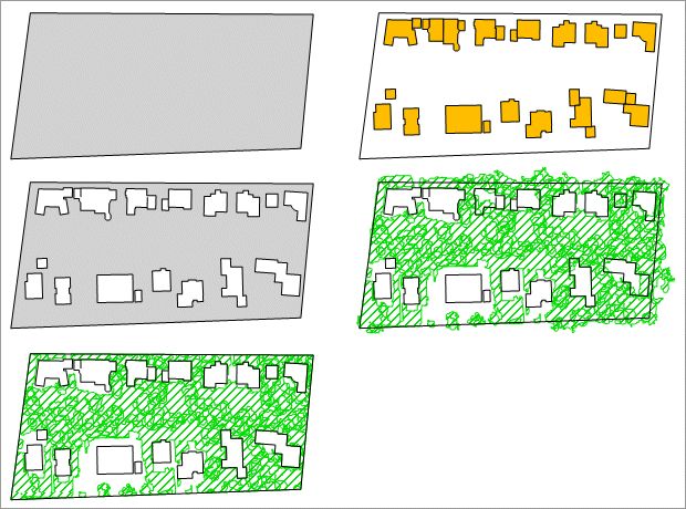 Abb. 3: Methode zur Ermittlung des Grünvolumens der unbebauten Blockflächen (oben links: Blockfläche; oben rechts: oberirdische Gebäude; Mitte links: Unbebaute Blockfläche (grauer Anteil); Mitte rechts: Vegetationsbedeckung; unten: Vegetation der unbebauten Blockfläche)