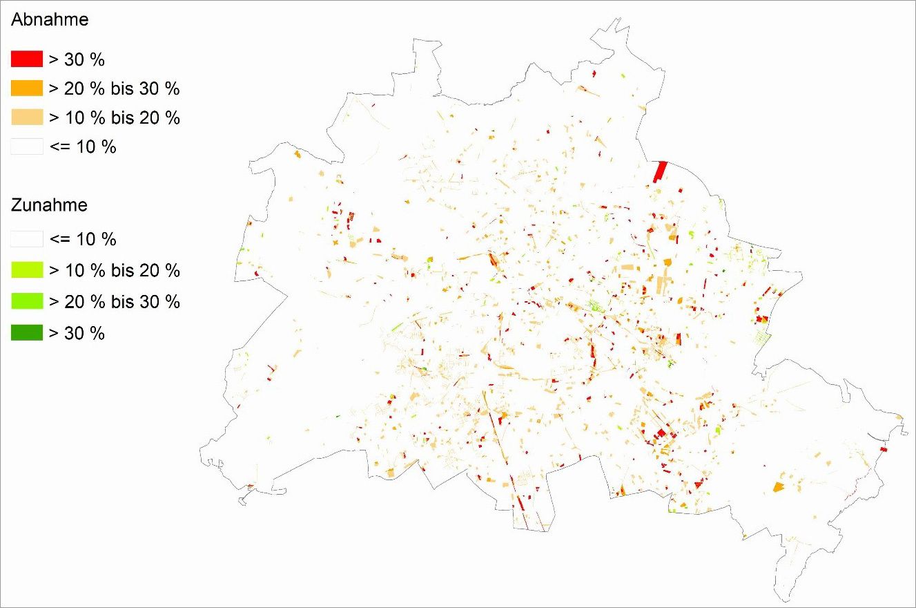 Abb. 12: Veränderung der Anteile der Vegetationsfläche an den Block(teil)flächen zwischen 2010 und 2020 in % (Bild: Umweltatlas Berlin)