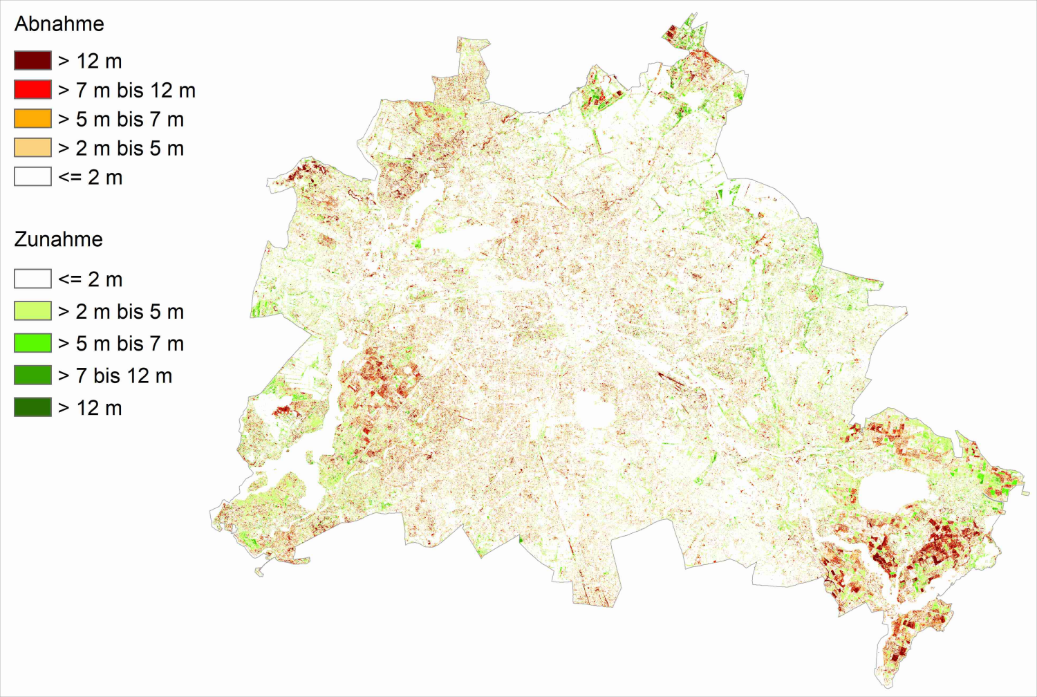 Abb. 13: Veränderung der Vegetationshöhe in Metern zwischen 2010 und 2020 auf Rasterebene (1x1 m²) (Bild: Umweltatlas Berlin)