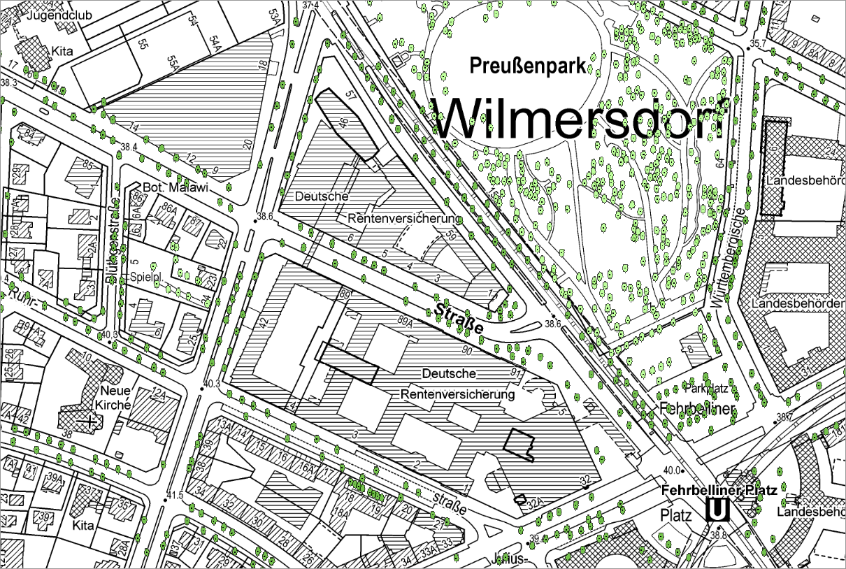 Fig. 1: Section of Berlin’s tree stock, Preußenpark Wilmersdorf area, background: map of Berlin 1 : 5,000 (Image: SenStadtWohn - Geoportal Berlin, as of May 2021)
