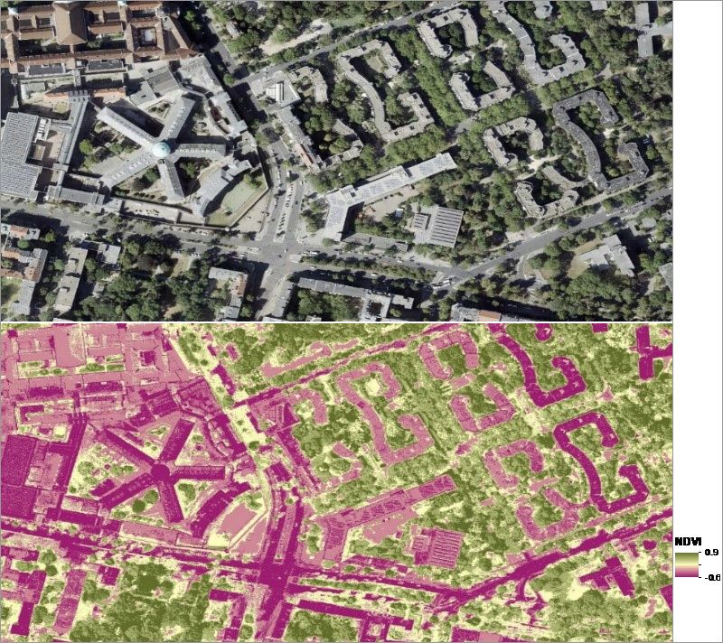Fig. 4: top: 2020 true orthophoto, bottom: NDVI, normalised vegetation index, on the left: JVA Moabit (former prison facility)