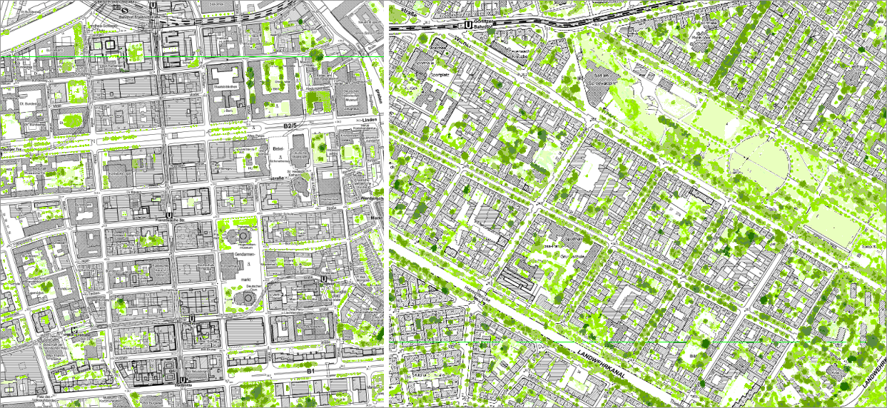 Fig. 9: Results of the classification in Berlin’s inner city: dense, highly impervious inner-city development on both sides of Friedrichstraße (left) and Wilhelminian block development with a high share of greenery in the area of Görlitzer Park (right) (Image: Umweltatlas Berlin)