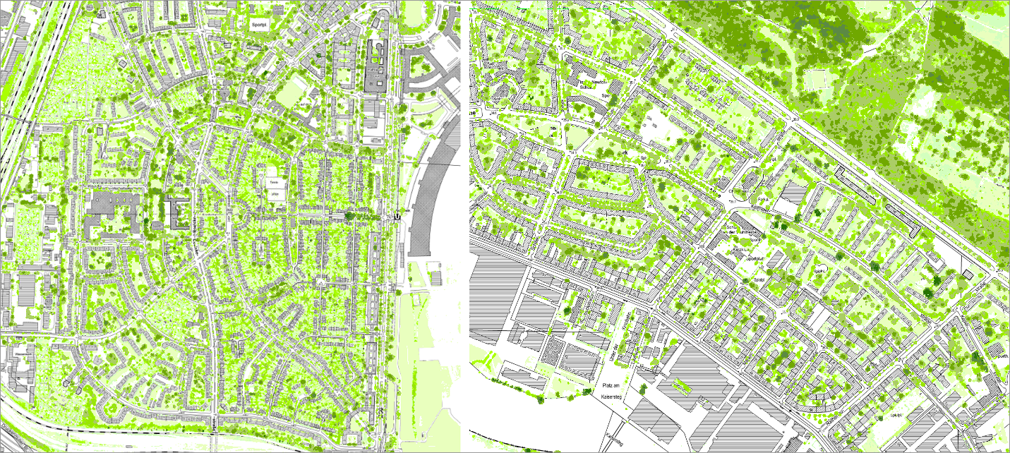 Fig. 10: Results of the classification in the area of loose, very green development on the edge of the inner city (inside the City Rail Circle Line): row houses and duplexes with yards in “Neu-Tempelhof” (left) and row development with landscaped residential greenery south of “An der Wuhlheide” in Treptow-Köpenick (right) (Image: Umweltatlas Berlin)
