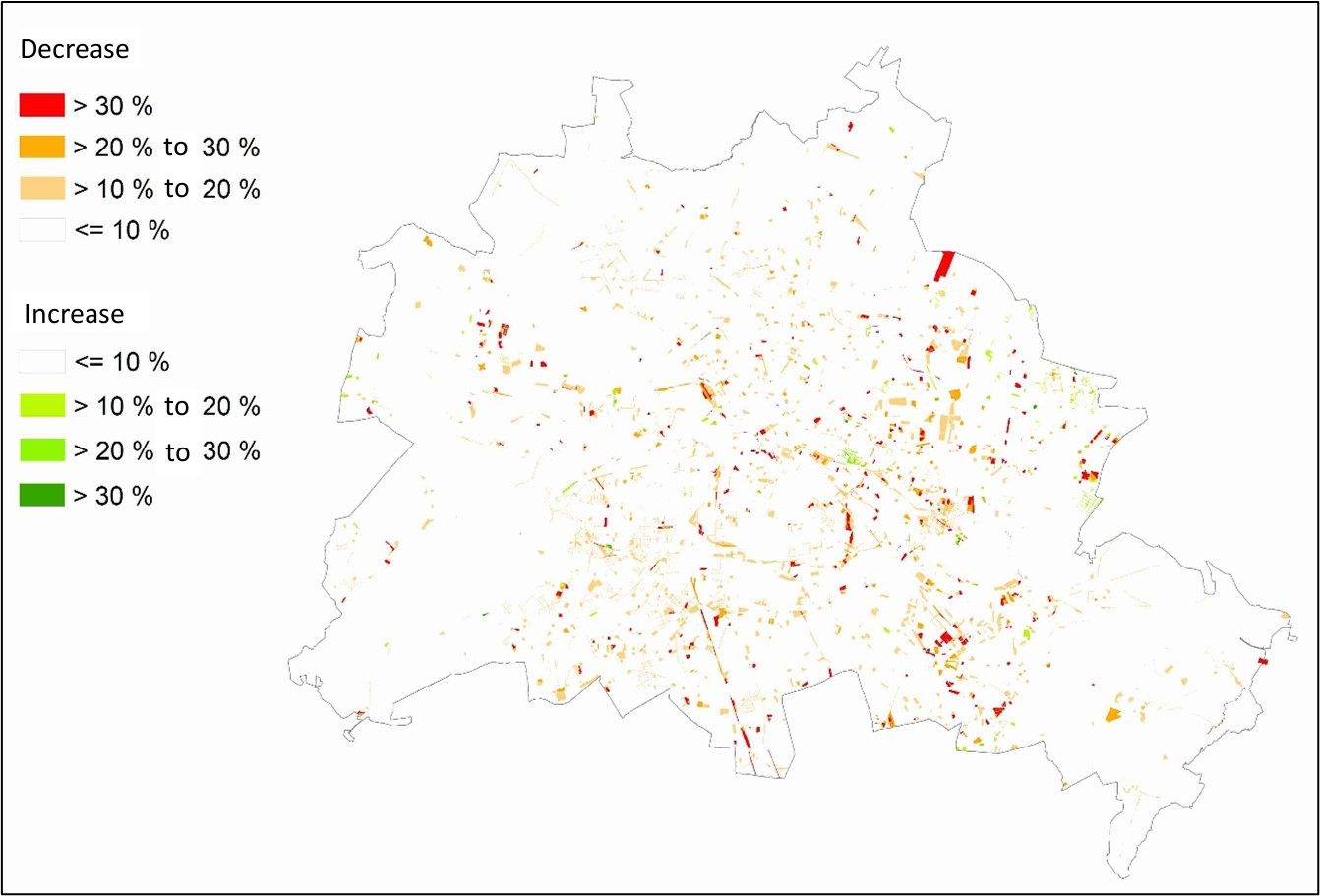 Fig. 12: Changes in the vegetation area shares (in %) of the block (segment) areas between 2010 and 2020 (Image: Umweltatlas Berlin)