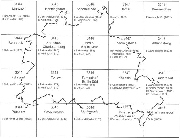 Abb. 1: Blattübersicht der historischen Geologischen Karte 1 : 25.000 für den Berliner Raum mit Blattnummer, Blattname, Autor, Auflage und Erscheinungsjahr