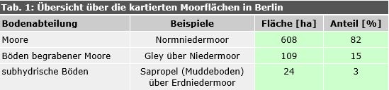 Tab. 1: Übersicht über die kartierten Moorflächen in Berlin