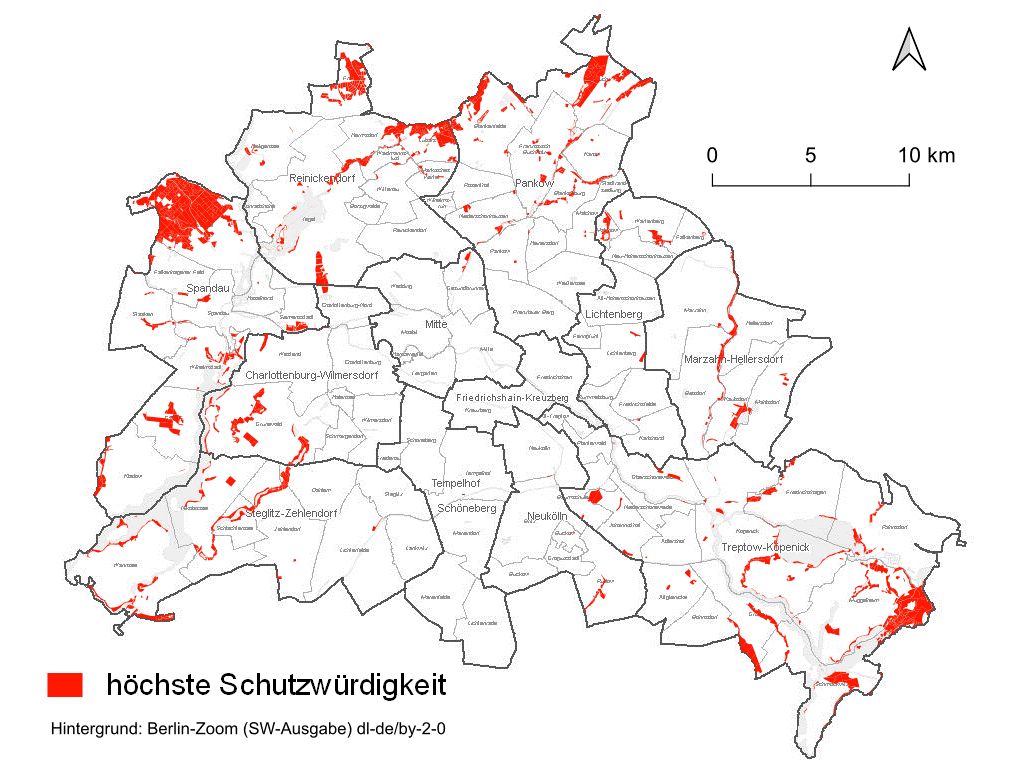 Abb. 9: Flächen der Kategorie „Höchste Schutzwürdigkeit“ (Bild: Umweltatlas Berlin)