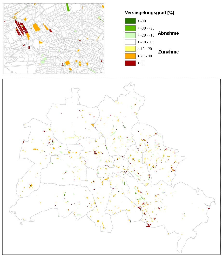Abb. 6: Veränderungskartierung der Versiegelung zwischen 2016 und 2021, Ausschnitt oben links: Bereich um den Hauptbahnhof mit Europacity
