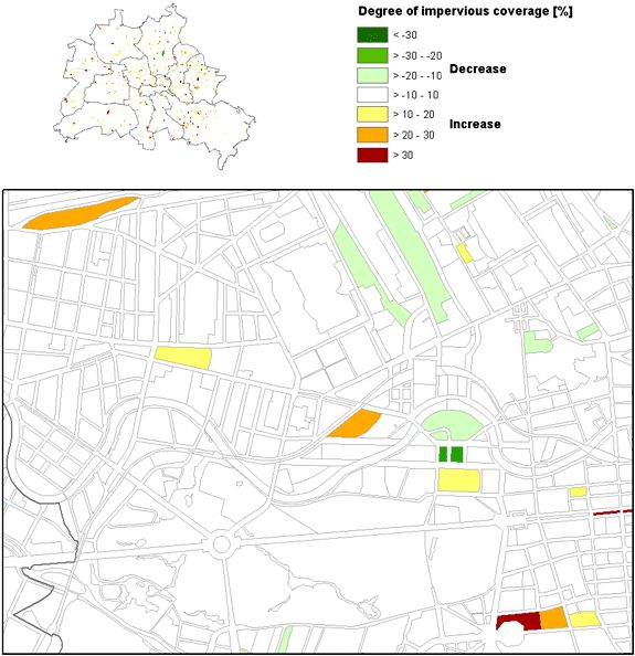 Fig. 8: Map of changes in impervious coverage between 2011 and 2016 (the result is also available as a PDF-Document)