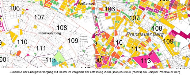 Abb. 13: Blockflächenbezogener Einsatz von Heizöl in Prenzlauer Berg im Vergleich der Erfassungszeiträume 2000 zu 2005