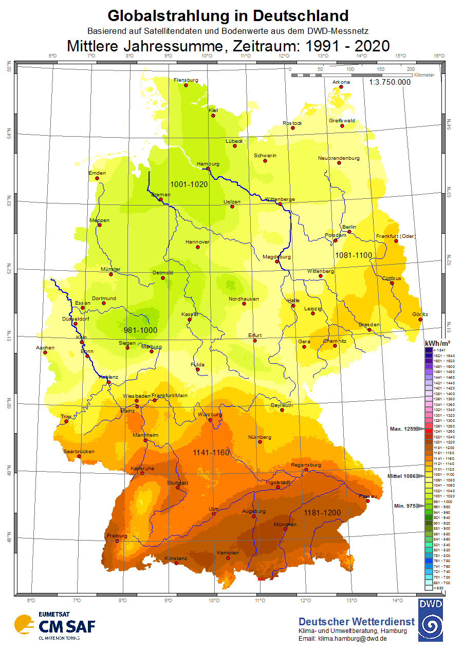 Abb. 3: Mittlere Jahressummen der Globalstrahlung in Deutschland für den langjährigen Zeitraum 1991-2020 (unveränderte Wiedergabe DWD 2022) (Bild: Quelle: Deutscher Wetterdienst)
