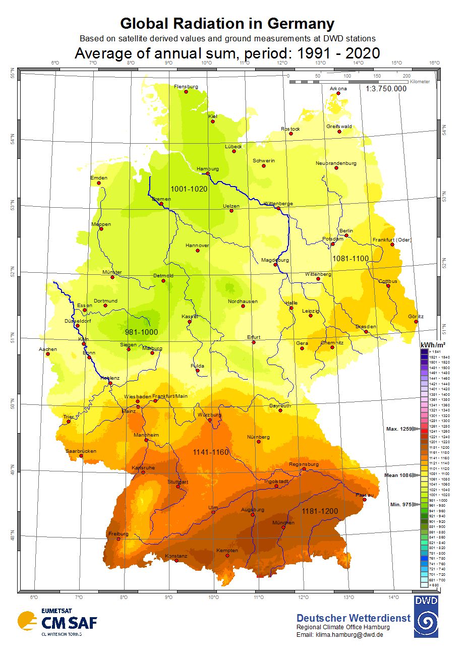 Fig. 3: Average annual sums of the global radiation in Germany for the period from 1991 to 2020 (unaltered reproduction DWD 2022) (Image: source: Deutscher Wetterdienst)