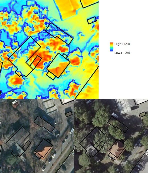 Fig. 6: Effect of tree shading and roof orientation on calculated rooftop solar irradiation (mean annual totals in kWh/(m²/a)). Top: calculated solar irradiation for surface grids at 0.5 × 0.5 m² spatial resolution, with building footprints outlined in black. Bottom left: cropped section from an aerial image (February 2021); bottom right: cropped section from an aerial image (August 2020).