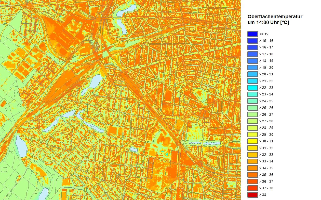 Oberflächentemperatur um 14:00 an einem strahlungsreichen Sommertag im Übergangsbereich Forst Grunewald – City West in Charlottenburg-Wilmersdorf
