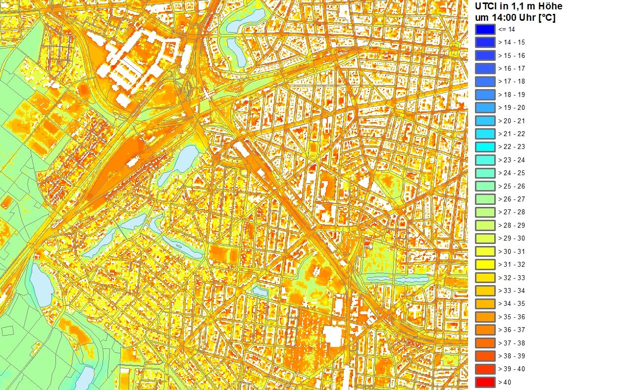 Bewertungsindex UTCI (Universal Thermal Climate Index) um 14:00 an einem strahlungsreichen Sommertag im Übergangsbereich Forst Grunewald – City West in Charlottenburg-Wilmersdorf