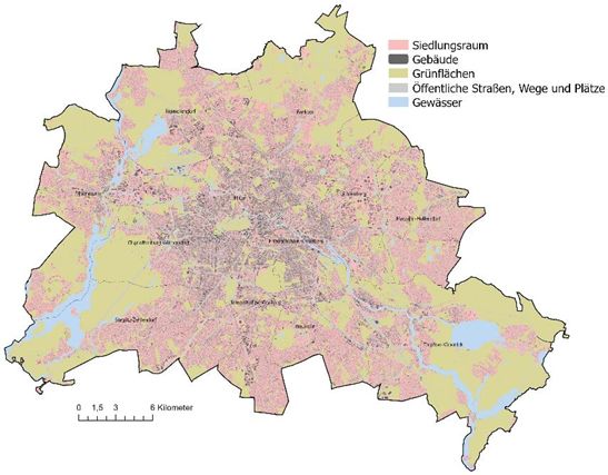 Gesamtstädtische Verteilung der Raumeinheiten des Klimamodells auf der Basis der Flächentypen des Informationssystems Stadt und Umwelt (ISU) (SenStadt 2020)