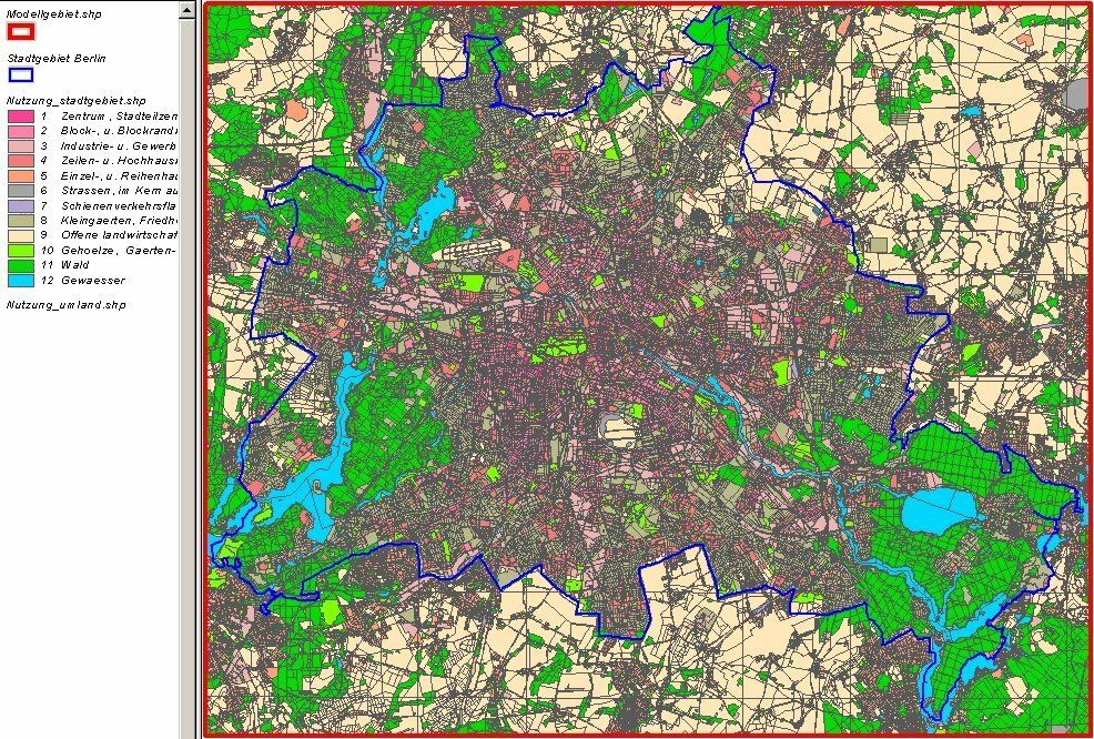 Fig. 1: Classification of the land use for the model application. A key with 12 use classes is used, adjusted to the requirements of the FITNAH model. (Image: Umweltatlas Berlin)