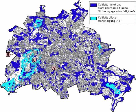Lage der Beispielsgebiete A, B und C zur Verdeutlichung der Prozesse 'Kaltluftentstehung' und 'Kaltluftabfluss'