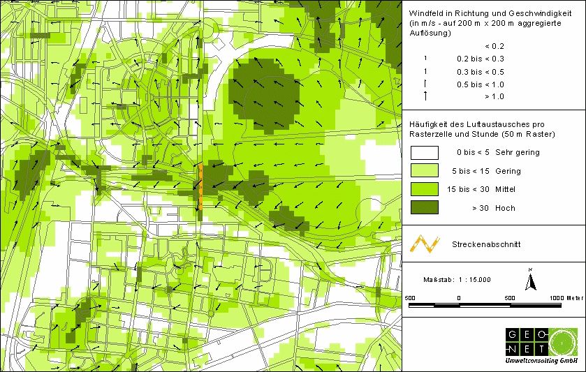 Luftaustausch pro Rasterzelle sowie autochthones Strömungsfeld im Bereich des ehemaligen Flughafens Tempelhof