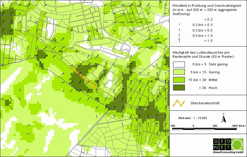 Luftaustausch pro Rasterzelle sowie autochthones Strömungsfeld im Bereich Spandau