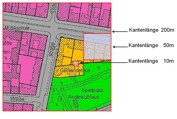 Rasterweiten der drei Modellierungsversionen des Klimamodells Berlin zwischen 2002-2003 (200 m Kantenlänge) und 2013-2015 (10 m)