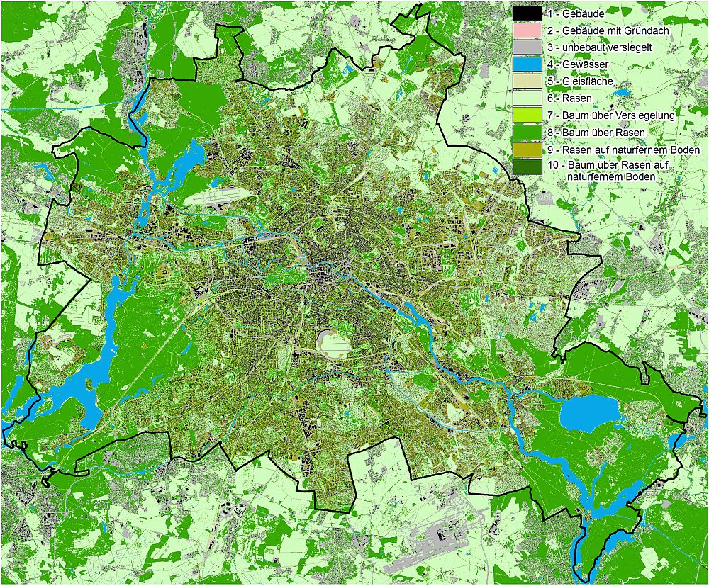 Abb. 2: Ausdehnung des Untersuchungsgebietes (1.800 km²) und Klassifizierung der Nutzung für die Modellanwendung (Bild: Umweltatlas Berlin)