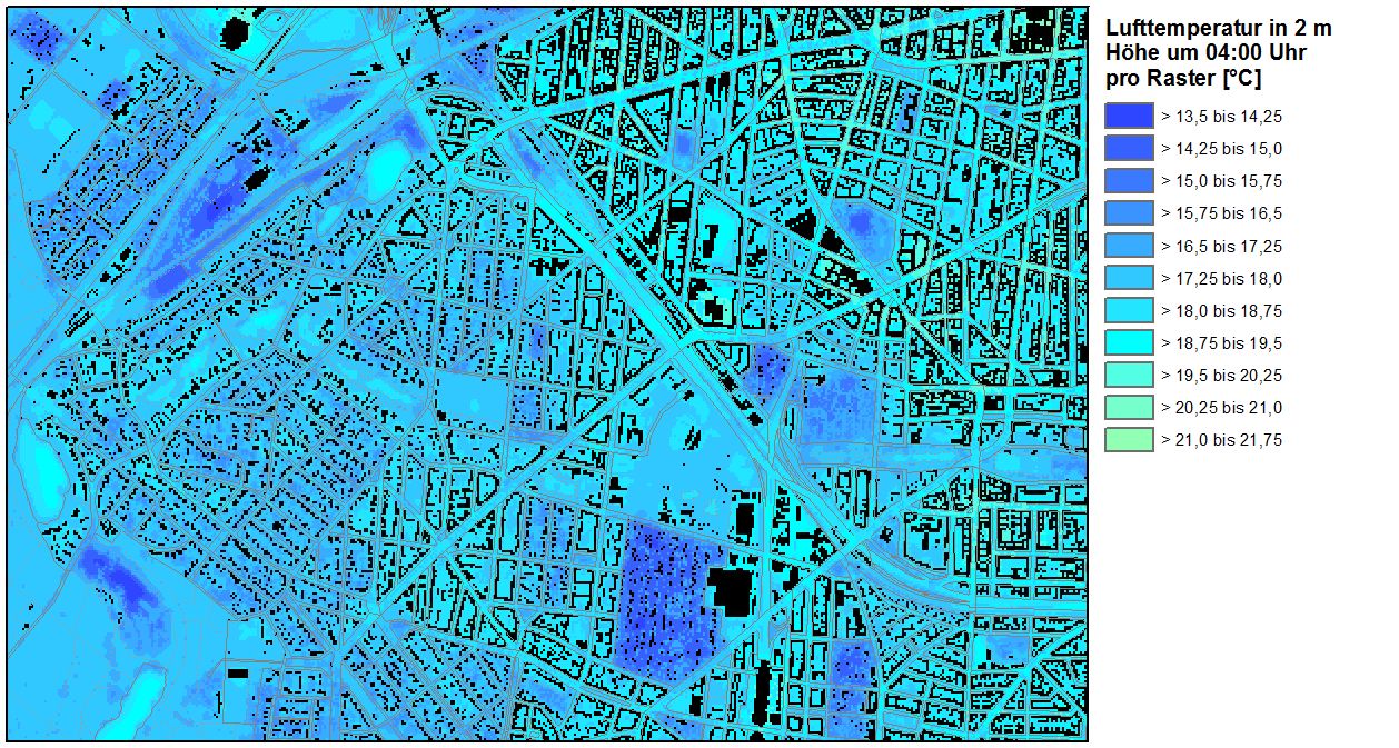 Abb. 14: Bodennahe Lufttemperatur um 04:00 an einem strahlungsreichen Sommertag im Übergangsbereich Forst Grunewald – City West in Charlottenburg-Wilmersdorf (Bild: Umweltatlas Berlin)