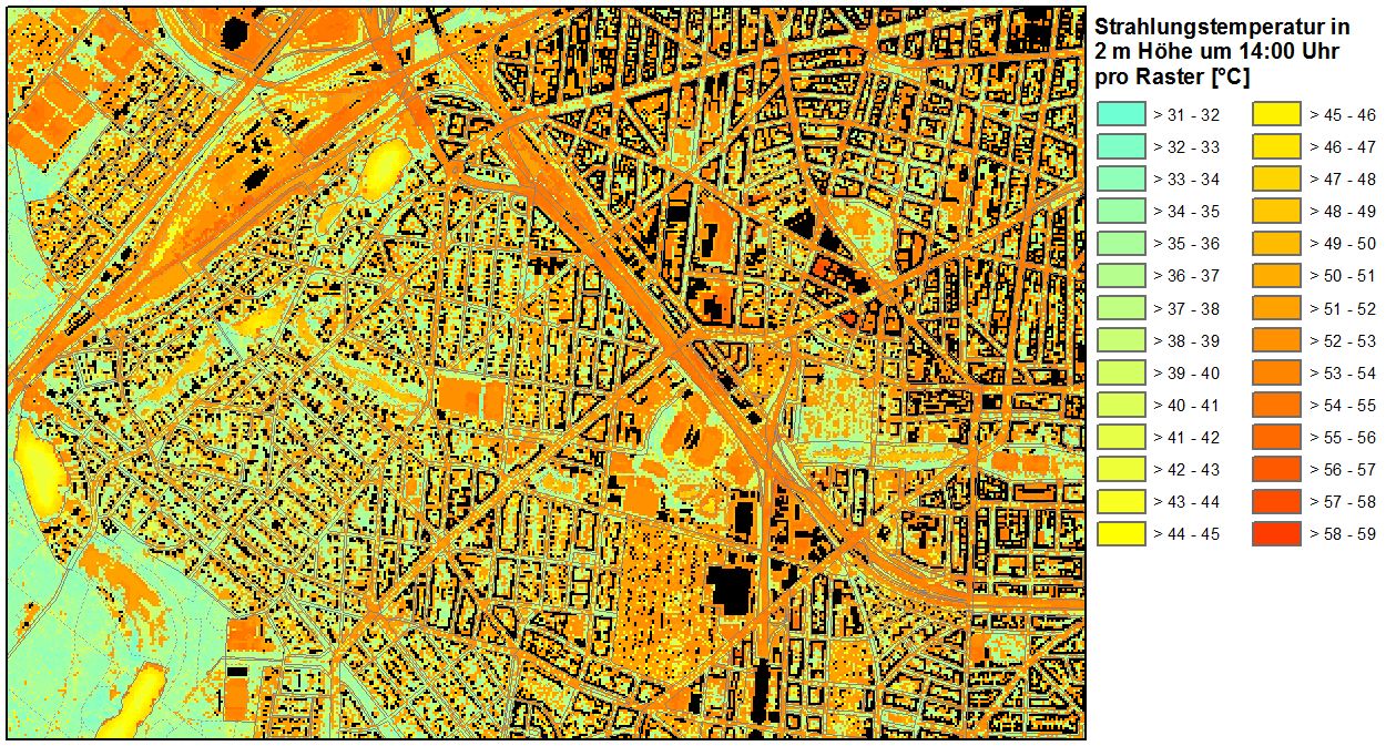 Abb. 15: Strahlungstemperatur um 14:00 an einem strahlungsreichen Sommertag im Übergangsbereich Forst Grunewald – City West in Charlottenburg-Wilmersdorf (Bild: Umweltatlas Berlin)