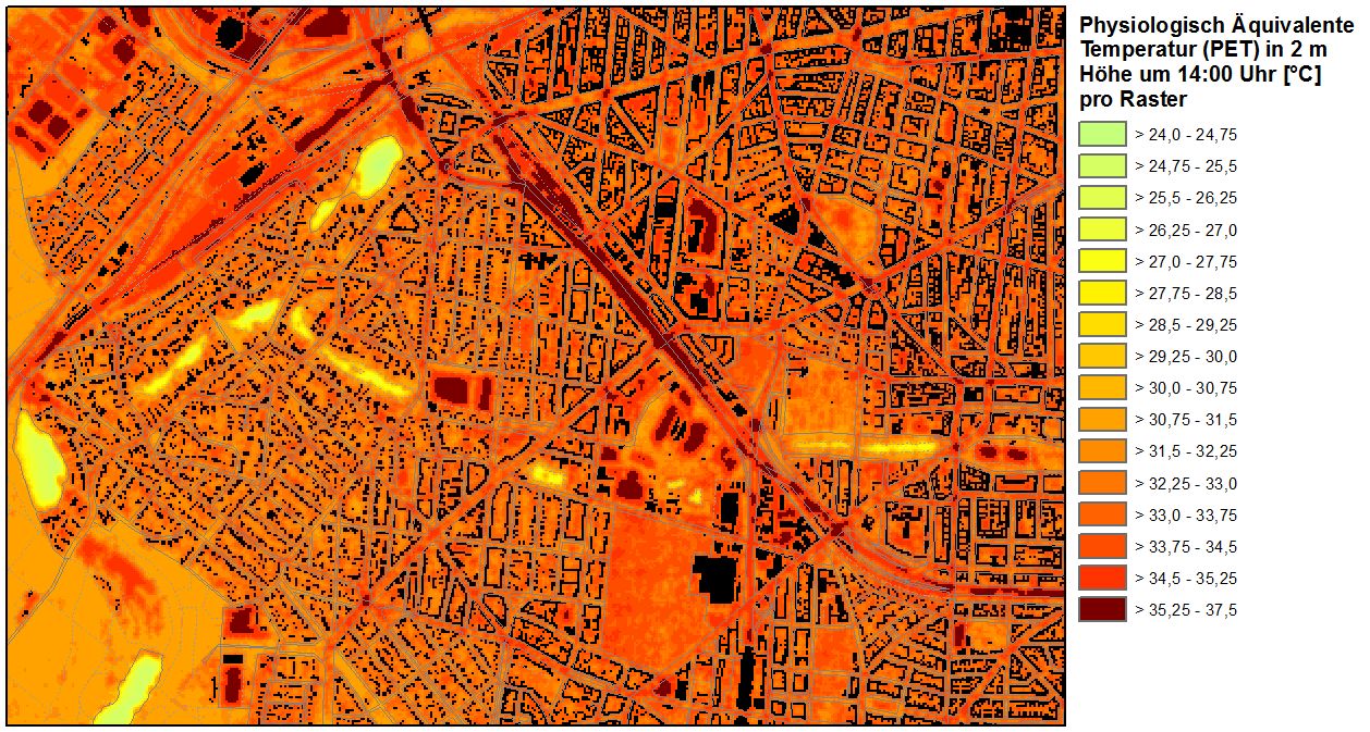 Abb. 17: Verhalten des Bewertungsindex PET (Physiologisch Äquivalente Temperatur) um 14:00 an einem strahlungsreichen Sommertag im Übergangsbereich Forst Grunewald – City West in Charlottenburg-Wilmersdorf (Bild: Umweltatlas Berlin)